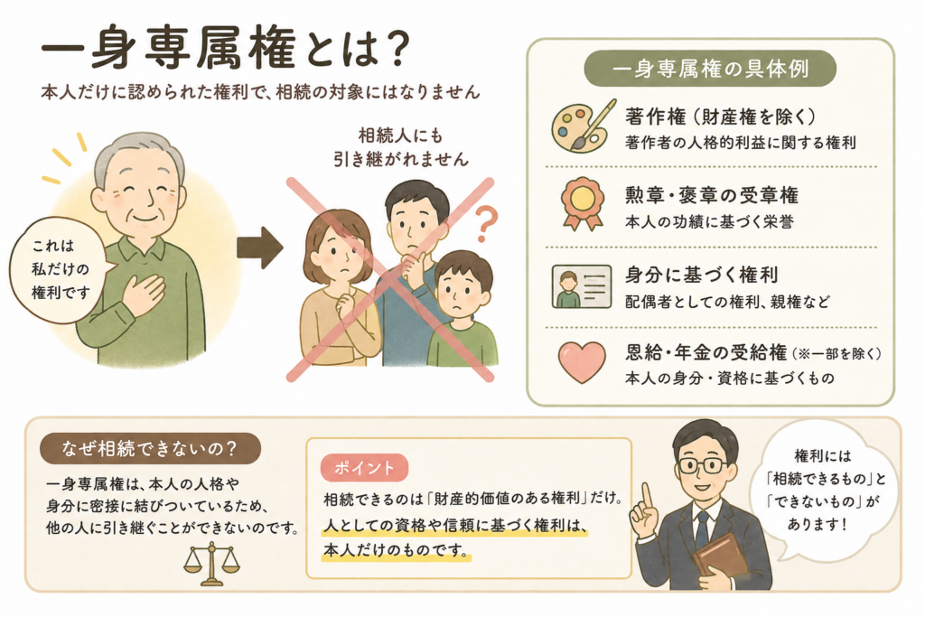 一身専属権とは、本人だけに認められ相続できない権利をわかりやすく解説したイラスト
