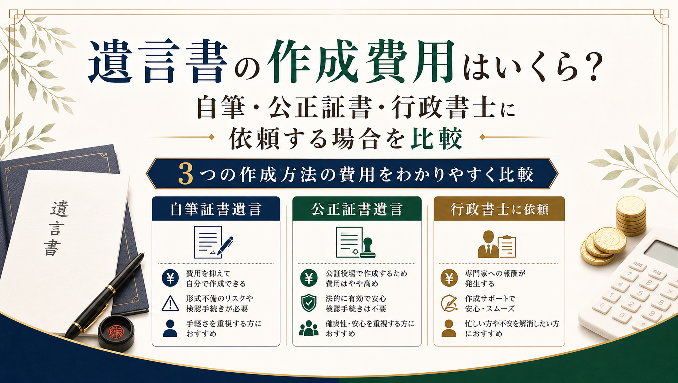 遺言書の作成費用はいくら？自筆・公正証書・行政書士に依頼する場合を比較